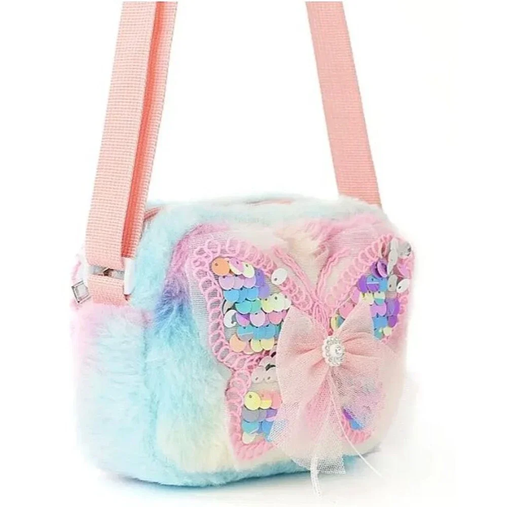 Cotton Candy FUR Sequin BUTTERFLY Crossbody Bag Purse Plush Furry